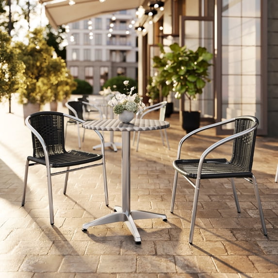 Flash Furniture 23.5'' Round Aluminum Indoor-Outdoor Table Set with 2 Black Rattan Chairs