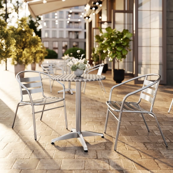 Flash Furniture 23.5'' Round Aluminum Indoor-Outdoor Table Set with 2 Slat Back Chairs