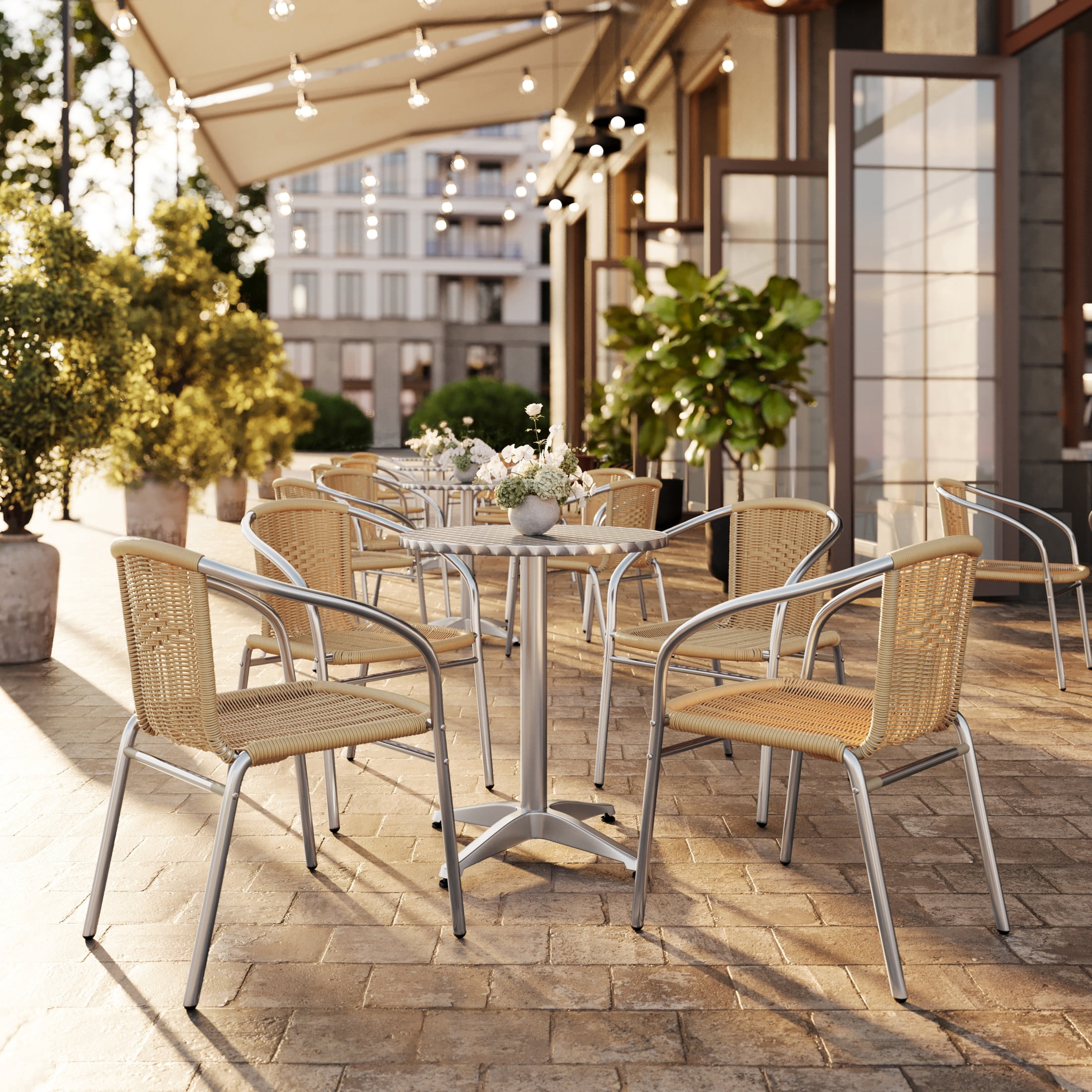 Flash Furniture 23.5'' Round Aluminum Indoor-Outdoor Table Set with 4 Beige Rattan Chairs