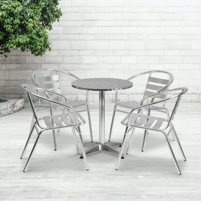 Flash Furniture 23.5'' Round Aluminum Indoor-Outdoor Table Set with 4 Slat Back Chairs