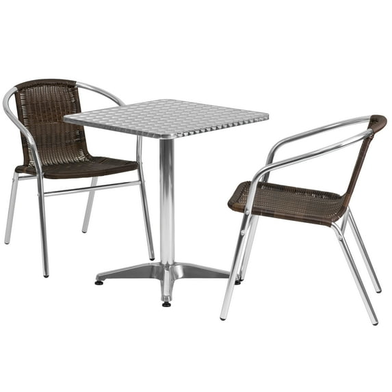 Flash Furniture 23.5'' Square Aluminum Indoor-Outdoor Table Set with 2 Dark Brown Rattan Chairs