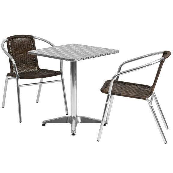 Flash Furniture 23.5'' Square Aluminum Indoor-Outdoor Table Set with 2 Dark Brown Rattan Chairs