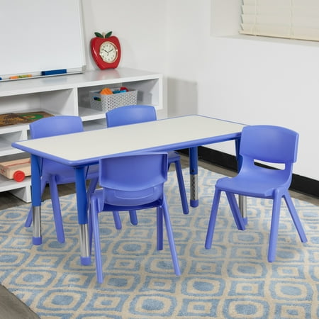 Flash Furniture Emmy Adjustable Classroom Activity Table with 4 Chairs, 23.625"W x 47.25"L, Blue