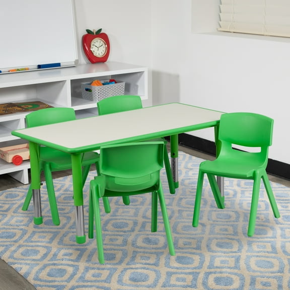 Flash Furniture 23.625''W x 47.25''L Rectangular Green Plastic Height Adjustable Activity Table Set with 4 Chairs