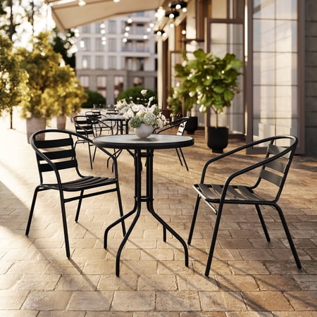Flash Furniture 23.75'' Round Glass Metal Table with 2 Black Metal Aluminum Slat Stack Chairs