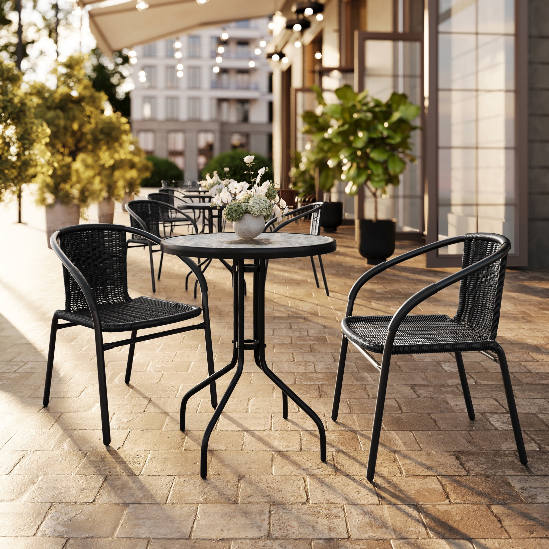 Flash Furniture 23.75'' Round Glass Metal Table with 2 Black Rattan Stack Chairs