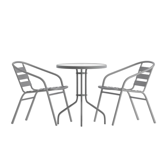 Flash Furniture 23.75'' Round Glass Top Metal Table with 2 Silver Aluminum Slat Stack Chairs