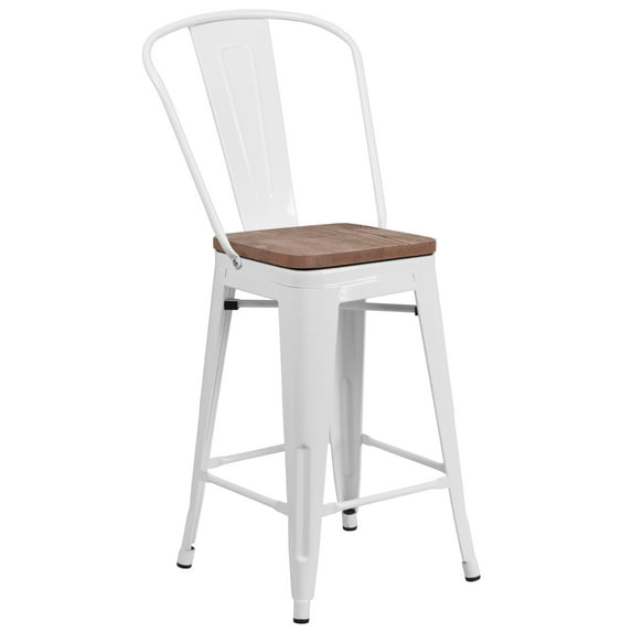 Flash Furniture 24" High White Metal Counter Height Stool with Back and Wood Seat