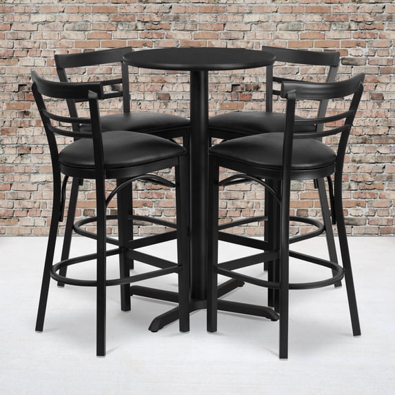 Flash Furniture 24'' Round Black Laminate Table Set with X-Base and 4 Two-Slat Ladder Back Metal Barstools - Black Vinyl Seat