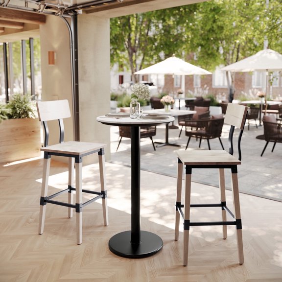 Flash Furniture 24" Round Tabletop with TopGuard HPL Technology in White Faux Marble with 18" Round Black Bar Height Base