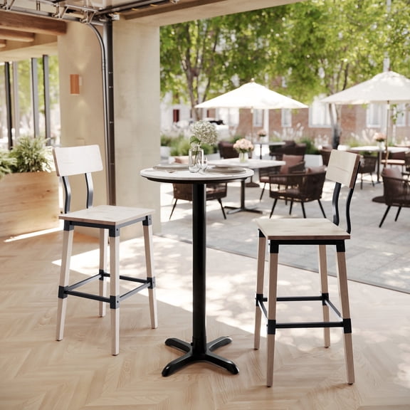 Flash Furniture 24" Round Tabletop with TopGuard HPL Technology in White Faux Marble with 22" x 22" Black Bar Height X-Base