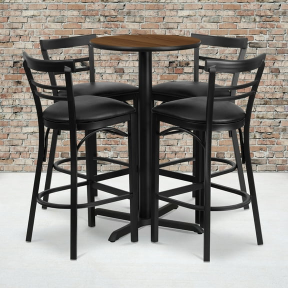 Flash Furniture 24'' Round Walnut Laminate Table Set with X-Base and 4 Two-Slat Ladder Back Metal Barstools - Black Vinyl Seat