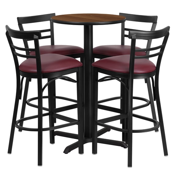 Flash Furniture 24'' Round Walnut Laminate Table Set with X-Base and 4 Two-Slat Ladder Back Metal Barstools - Burgundy Vinyl Seat