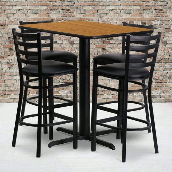 Flash Furniture 24''W x 42''L Rectangular Natural Laminate Table Set with 4 Ladder Back Metal Barstools - Black Vinyl Seat