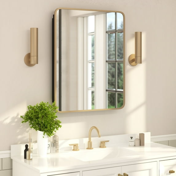 Flash Furniture 24" x 30" Recessed Bathroom Medicine Cabinet with Rounded Beveled Mirror and Reversible Metal Frame in Gold