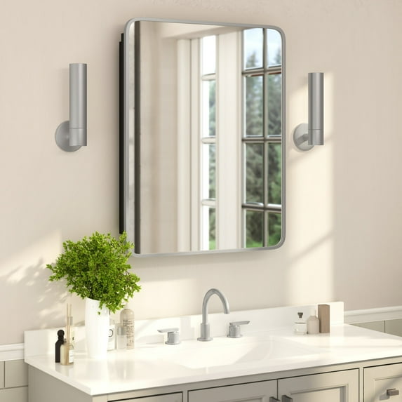 Flash Furniture 24" x 30" Recessed Bathroom Medicine Cabinet with Rounded Beveled Mirror and Reversible Metal Frame in Silver