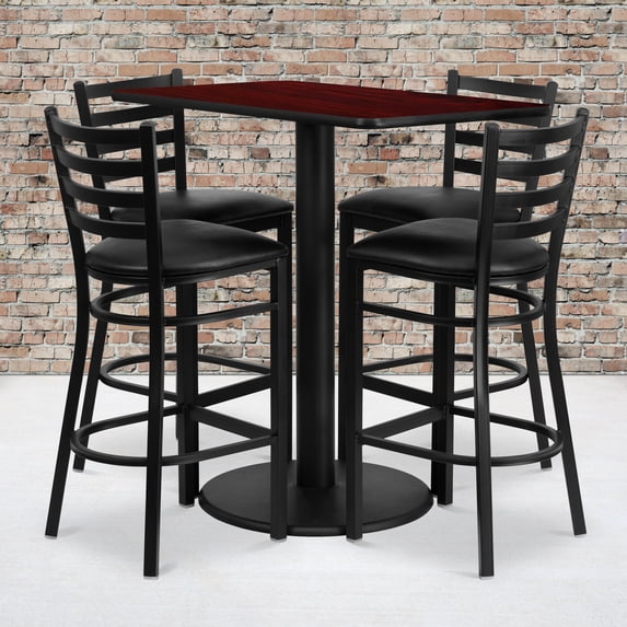 Flash Furniture 24'' x 42'' Rectangular Mahogany Laminate Table Set with 4 Ladder Back Metal Barstools - Black Vinyl Seat