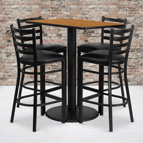 Flash Furniture 24'' x 42'' Rectangular Natural Laminate Table Set with 4 Ladder Back Metal Barstools - Black Vinyl Seat