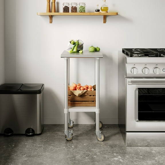 Flash Furniture 24x18 Portable Prep and Work Table with NSF Certified 18 Gauge Stainless Steel Top Shelf, Galvanized Steel Undershelf, 4 Casters with 2 Locking