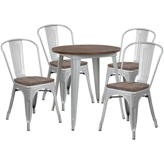 Flash Furniture 26" Round Silver Metal Table Set with Wood Top and 4 Stack Chairs