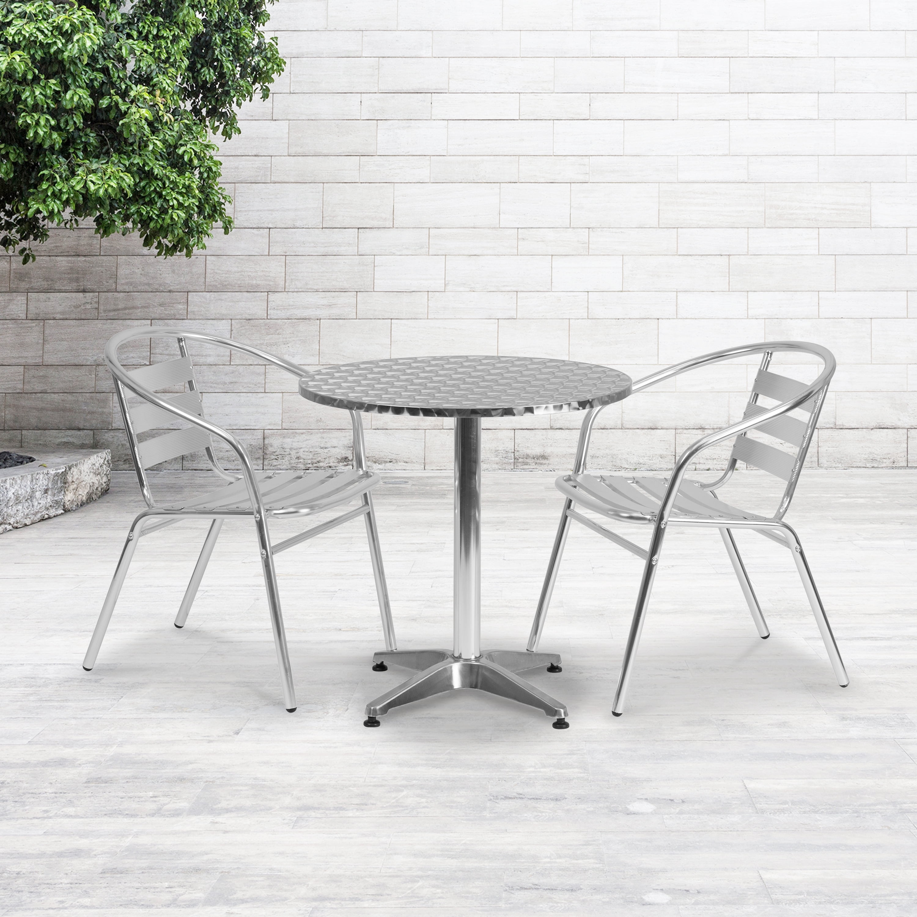 27.5'' Round Silver Stainless Steel Dining Table Set with 2 Aluminum Chairs