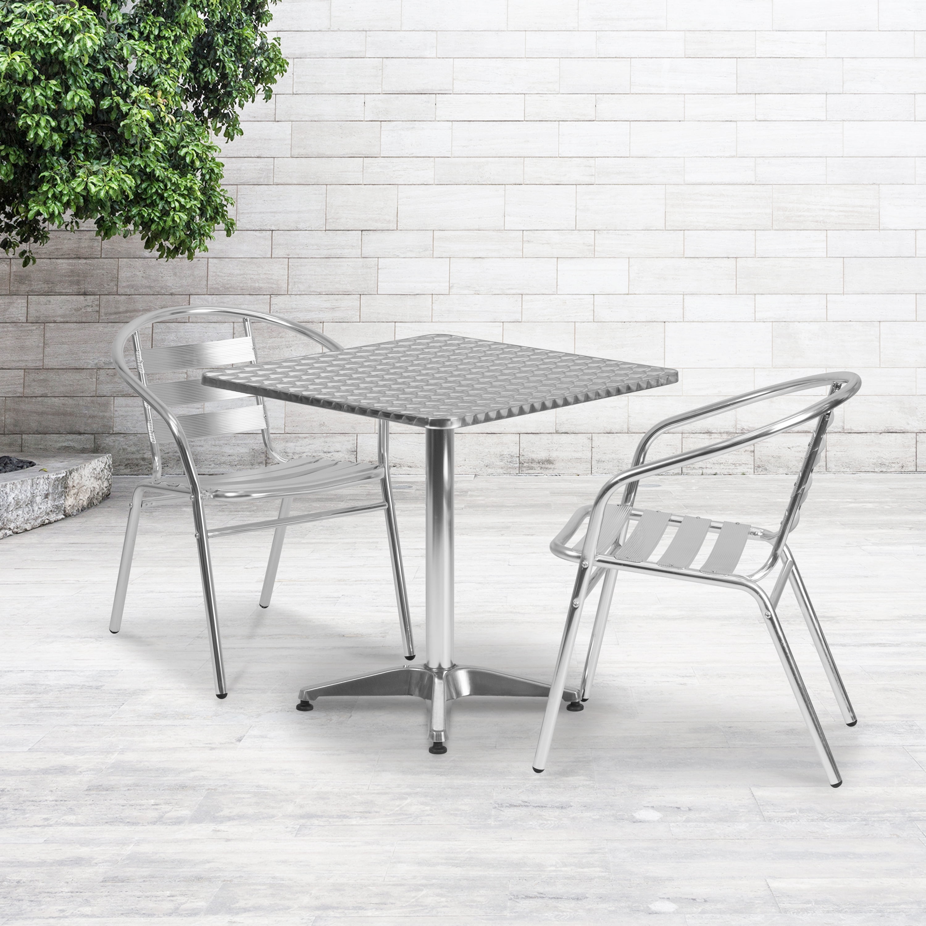 27.5'' Square Silver Stainless Steel Dining Table Set with 2 Aluminum Chairs