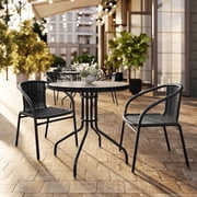 Flash Furniture 28'' Round Glass Metal Table with Black Rattan Edging and 2 Black Rattan Stack Chairs