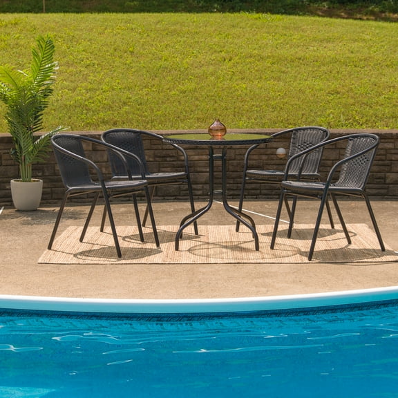 Flash Furniture 28'' Round Glass Metal Table with Black Rattan Edging and 4 Black Rattan Stack Chairs