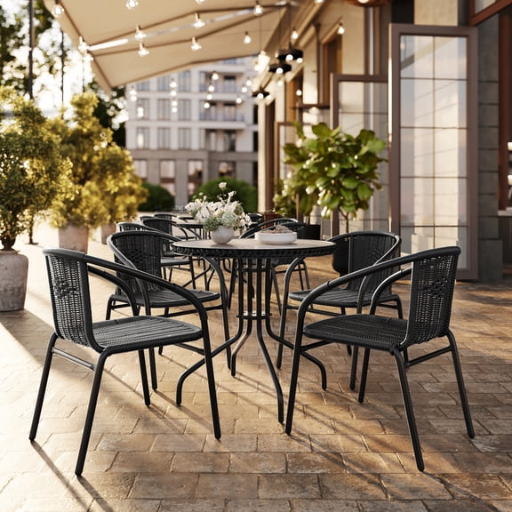 Flash Furniture 28'' Round Glass Metal Table with Black Rattan Edging and 4 Black Rattan Stack Chairs