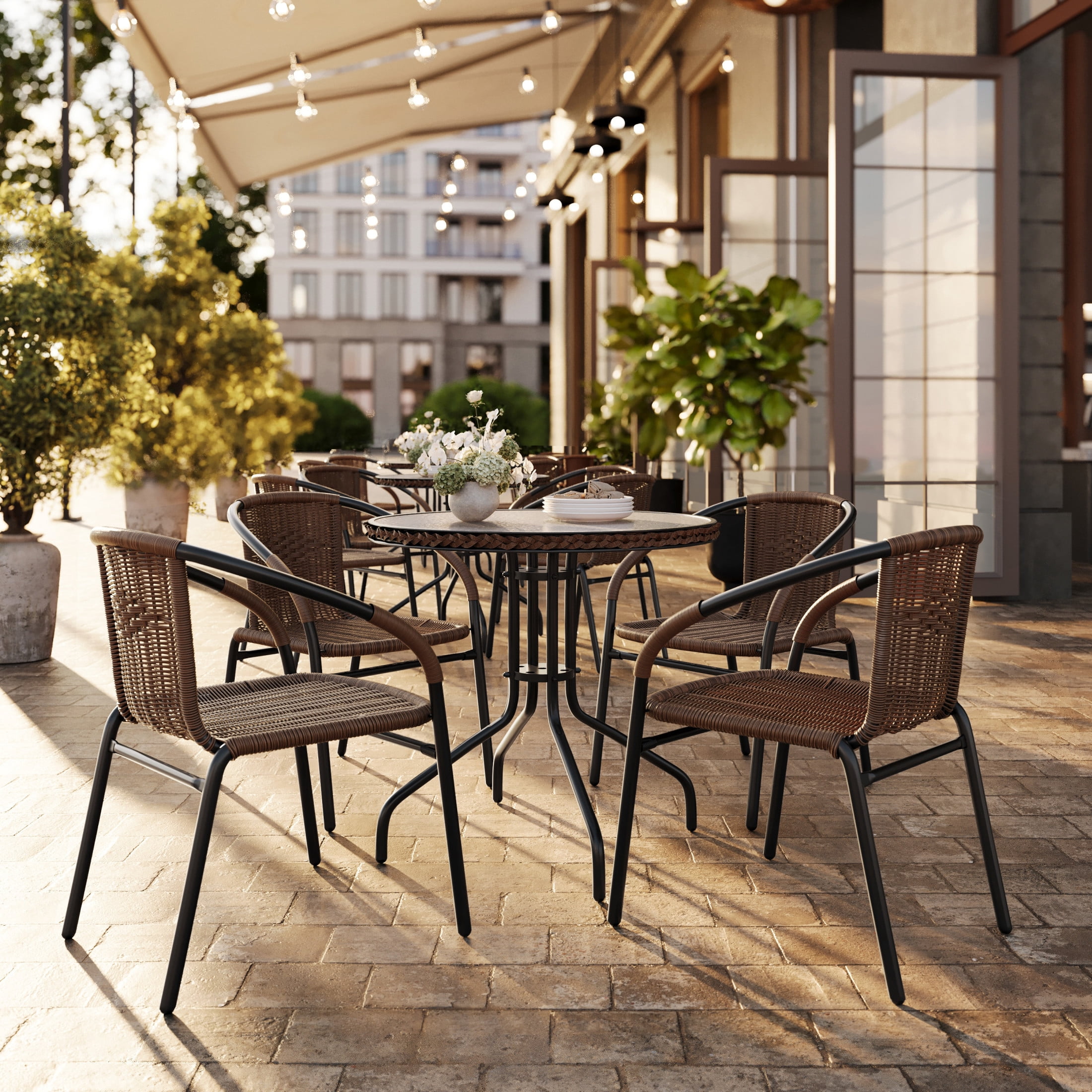 Flash Furniture 28'' Round Glass Metal Table with Dark Brown Rattan Edging and 4 Dark Brown Rattan Stack Chairs