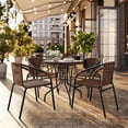 thumbnail image 1 of Flash Furniture 28'' Round Glass Metal Table with Dark Brown Rattan Edging and 4 Dark Brown Rattan Stack Chairs, 1 of 13