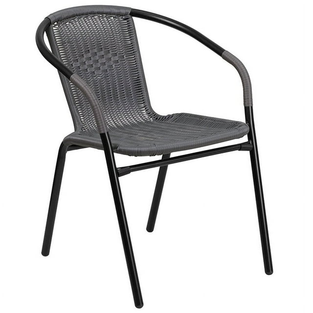 Flash Furniture 28'' Round Glass Metal Table with Gray Rattan Edging and 4 Gray Rattan Stack Chairs