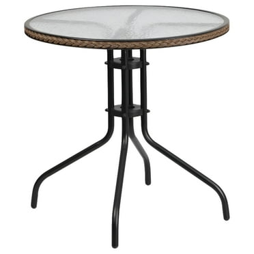 Flash Furniture 28'' Round Tempered Glass Metal Table with Dark Brown Rattan Edging