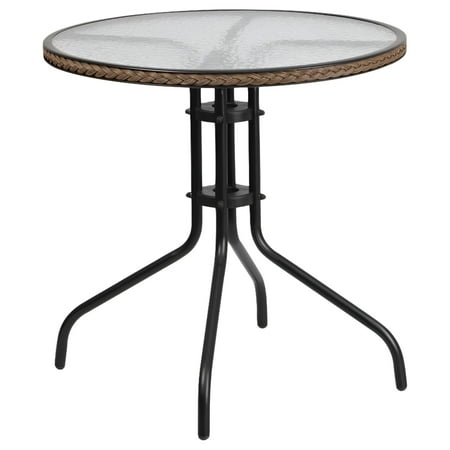 Flash Furniture 28'' Round Tempered Glass Metal Table with Dark Brown Rattan Edging
