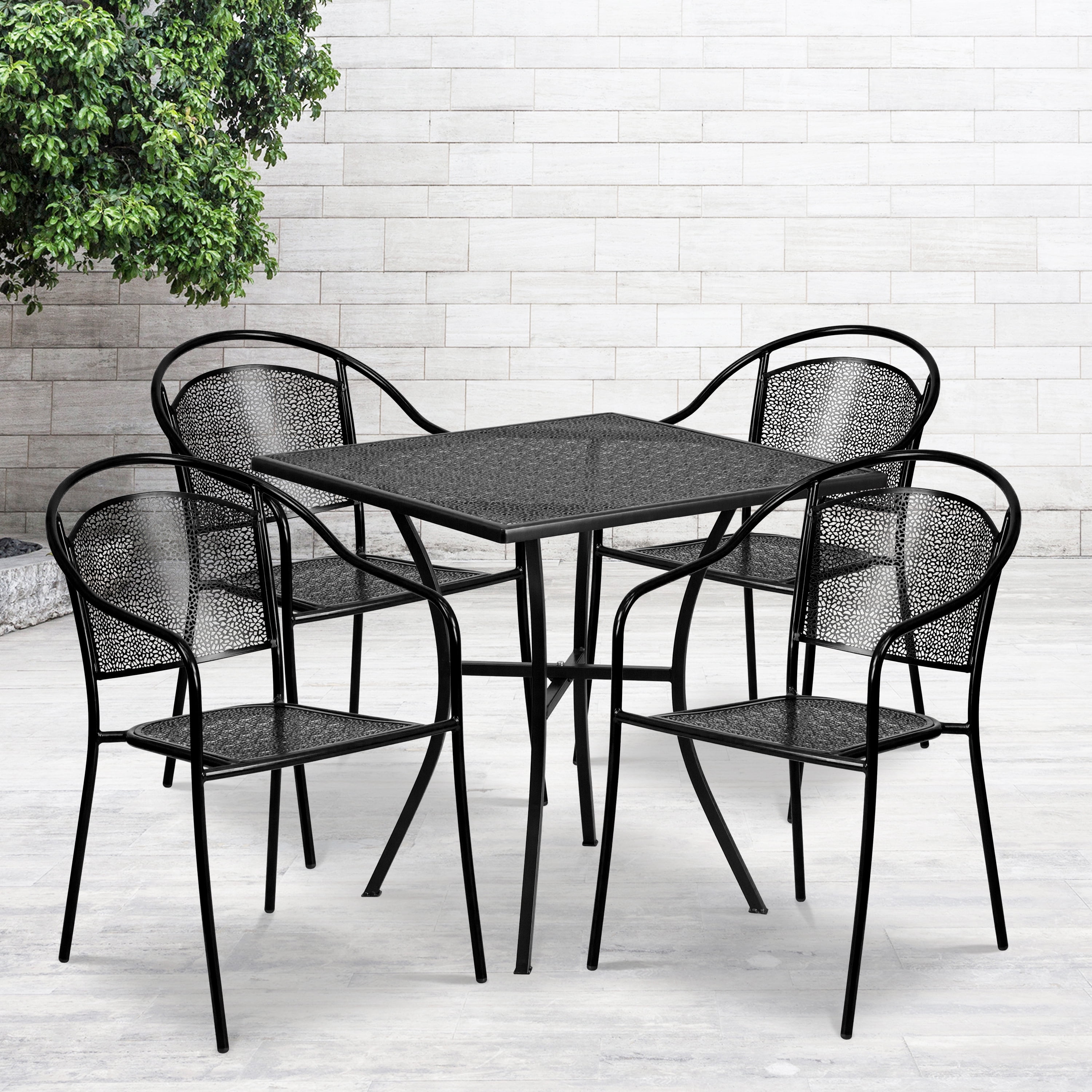 28" Black Steel Square Patio Dining Set with 4 Chairs