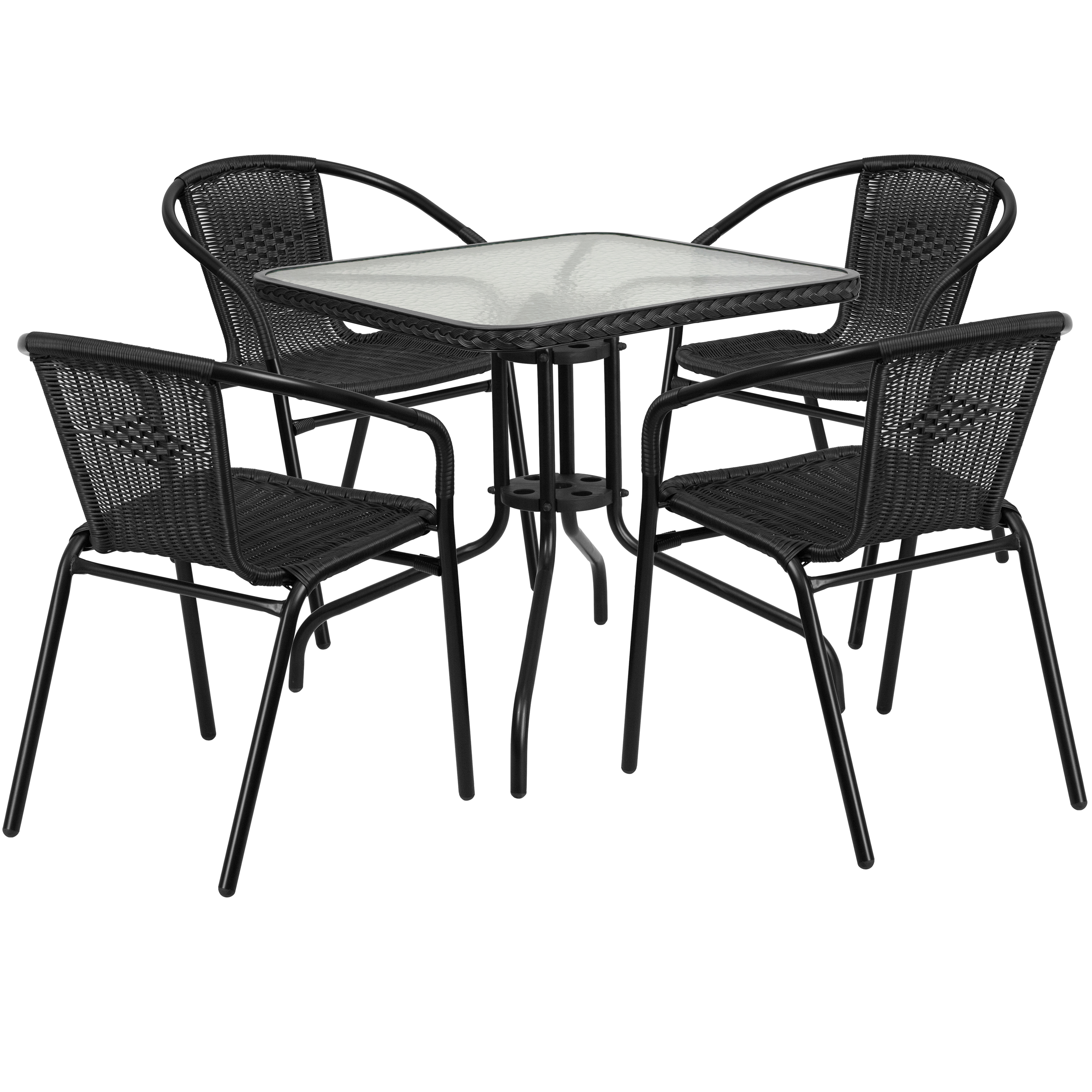 Flash Furniture 28'' Square Glass Metal Table with Black Rattan Edging and 4 Black Rattan Stack Chairs - image 1 of 10