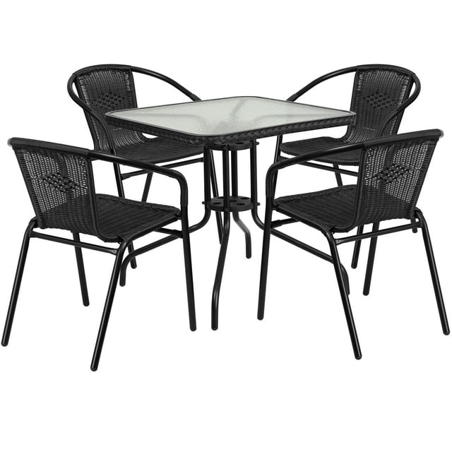 Flash Furniture 28'' Square Glass Metal Table with Black Rattan Edging and 4 Black Rattan Stack Chairs