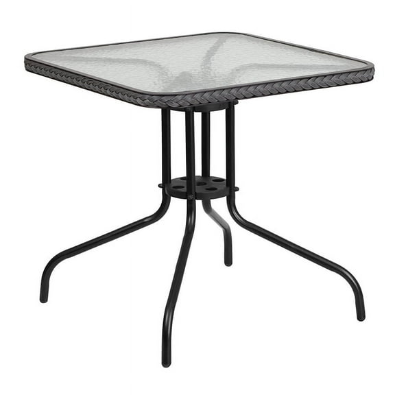 Flash Furniture 28'' Square Glass Metal Table with Gray Rattan Edging and 2 Gray Rattan Stack Chairs