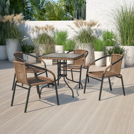 Flash Furniture 28'' Square Tempered Glass Metal Table with Dark Brown Rattan Edging