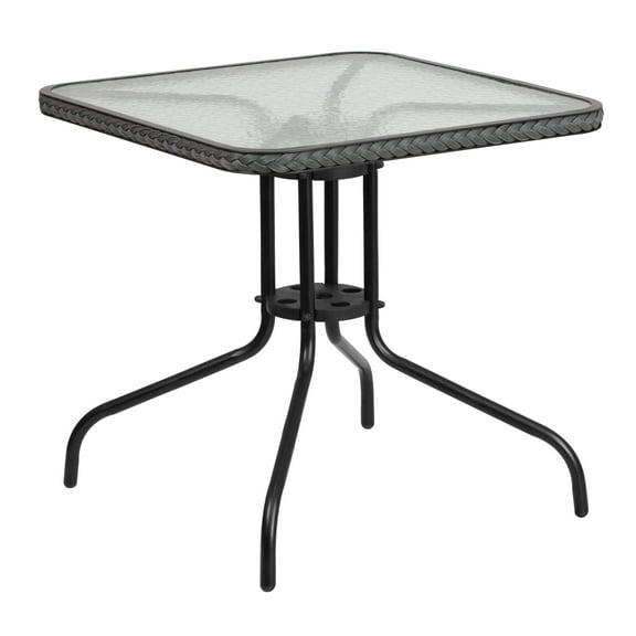 Flash Furniture Barker 28'' Square Tempered Glass Metal Table with Gray Rattan Edging