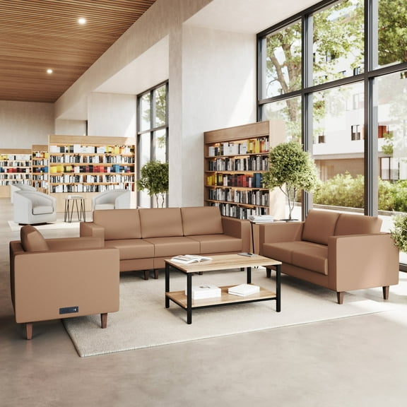 Flash Furniture 3 Piece Cognac LeatherSoft Reception Set, 8 AC Outlets/4 USB/4 USB-C Ports and Solid Walnut Wood Legs with Adjustable Floor Glides