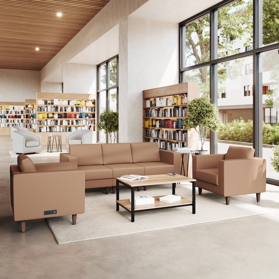 Flash Furniture 3 Piece Cognac LeatherSoft Sofa and 2 Chair Set, 8 AC Outlets/4 USB/4 USB-C Ports, Solid Wood Walnut Legs with Adjustable Glides