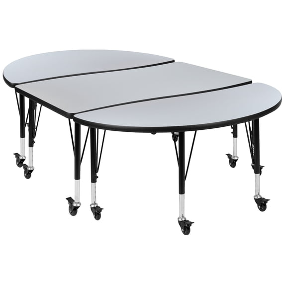 Flash Furniture 3 Piece Mobile 76 inch Oval Wave Flexible Grey Thermal Laminate Activity Table Set, Seating Capacity 6, Brown