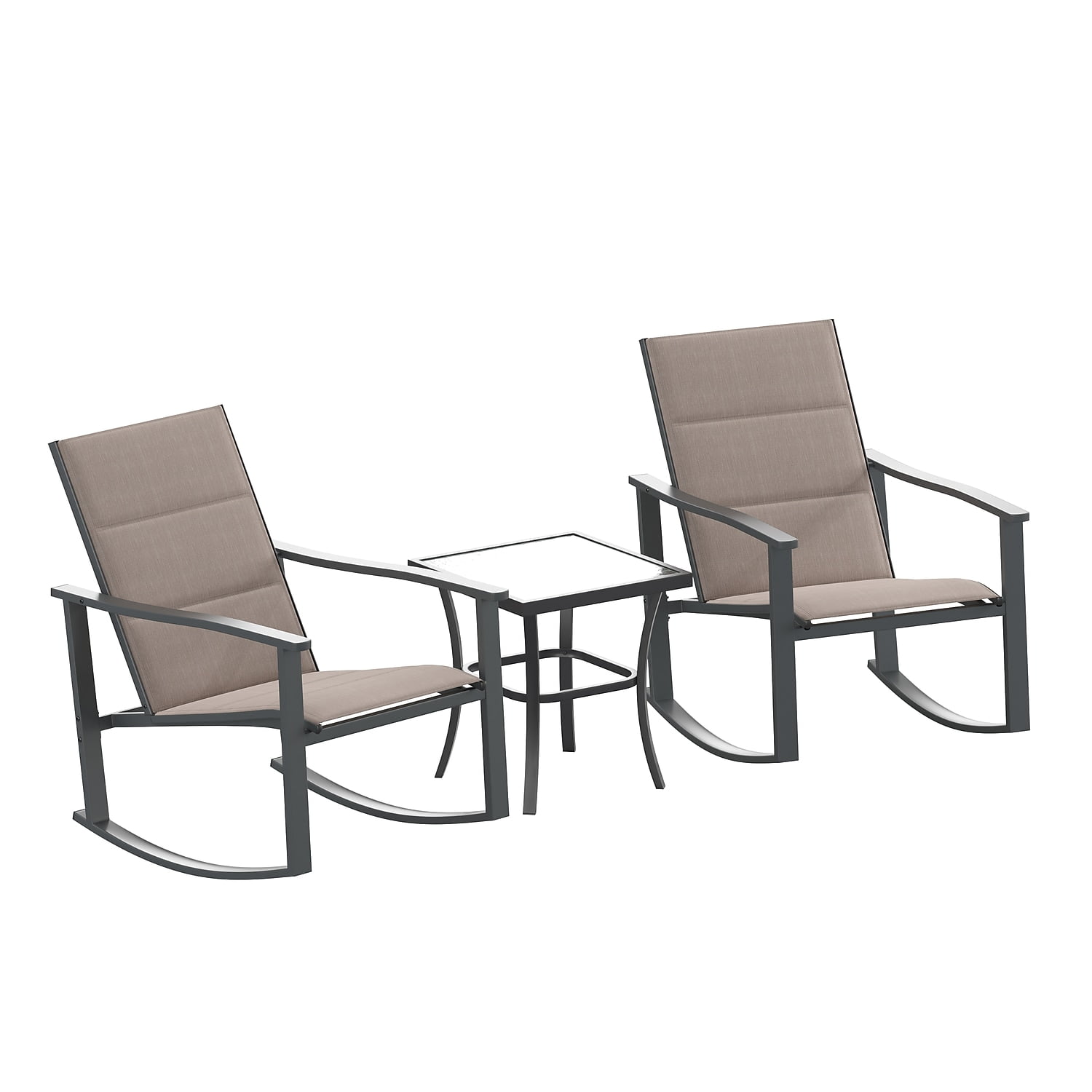 Brown and Black Steel Framed 3-Piece Outdoor Rocking Chair Bistro Set