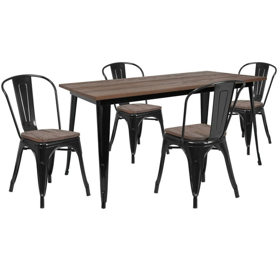 Flash Furniture 30.25" x 60" Black Metal Table Set with Wood Top and 4 Stack Chairs
