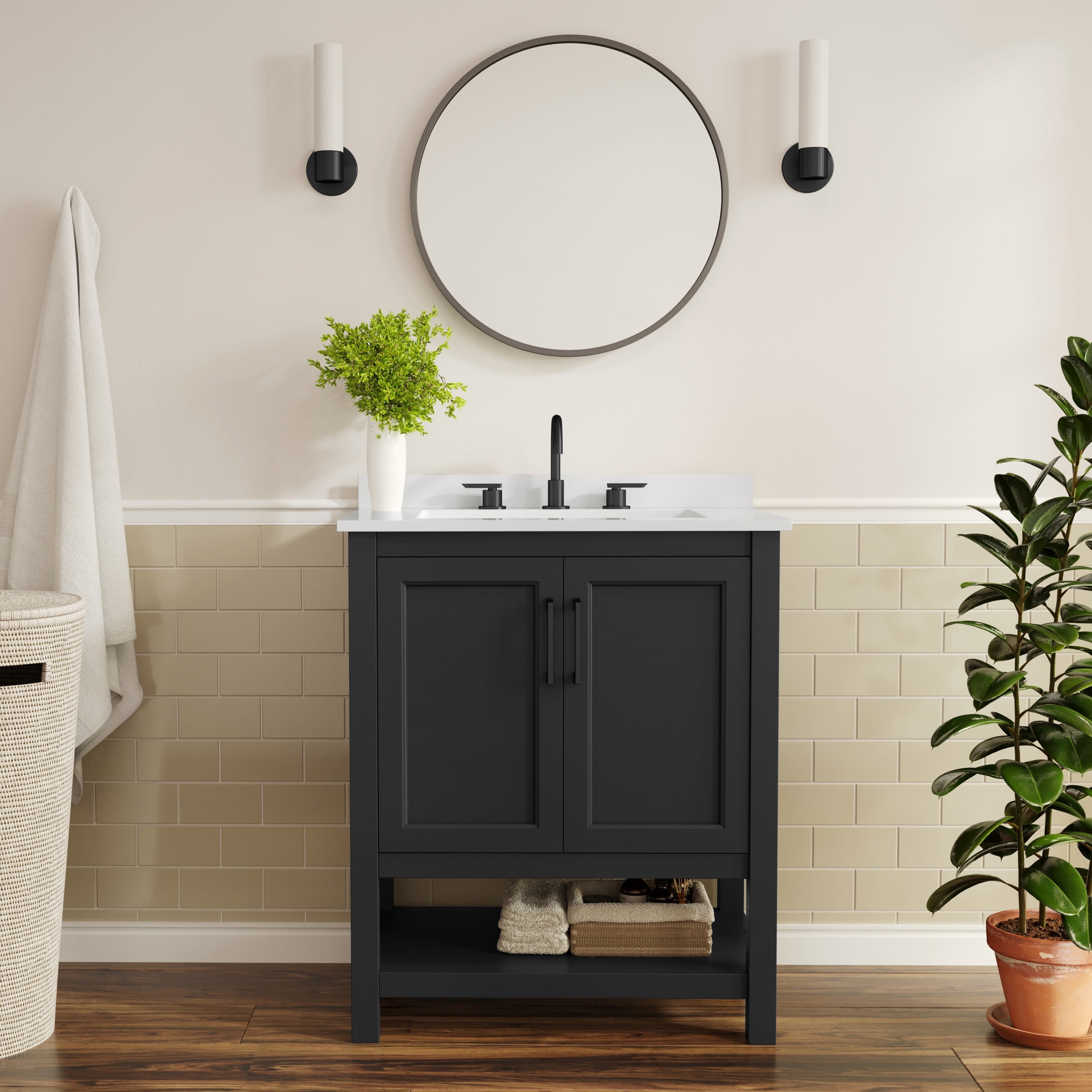 Flash Furniture 30" Bathroom Vanity with Sink, Storage Cabinet with Soft Close Doors & Open Shelf, Carrara Marble Finish Counter & Black Hardware, Black/White