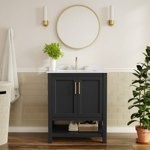 Flash Furniture 30" Bathroom Vanity with Sink, Storage Cabinet with Soft Close Doors & Open Shelf, Carrara Marble Finish Counter & Gold Hardware, Black/White