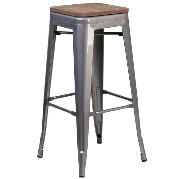Flash Furniture Lincoln 30" High Backless Silver Antique Finish with Clear Coat Metal Barstool with Square Wood Seat