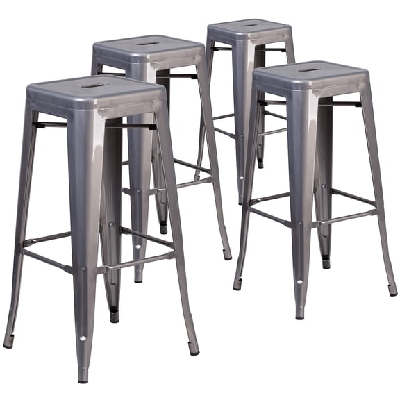 Flash Furniture 4 Pack 30'' High Backless Silver Antique Finish with Clear Coat Metal Indoor Barstool with Square Seat