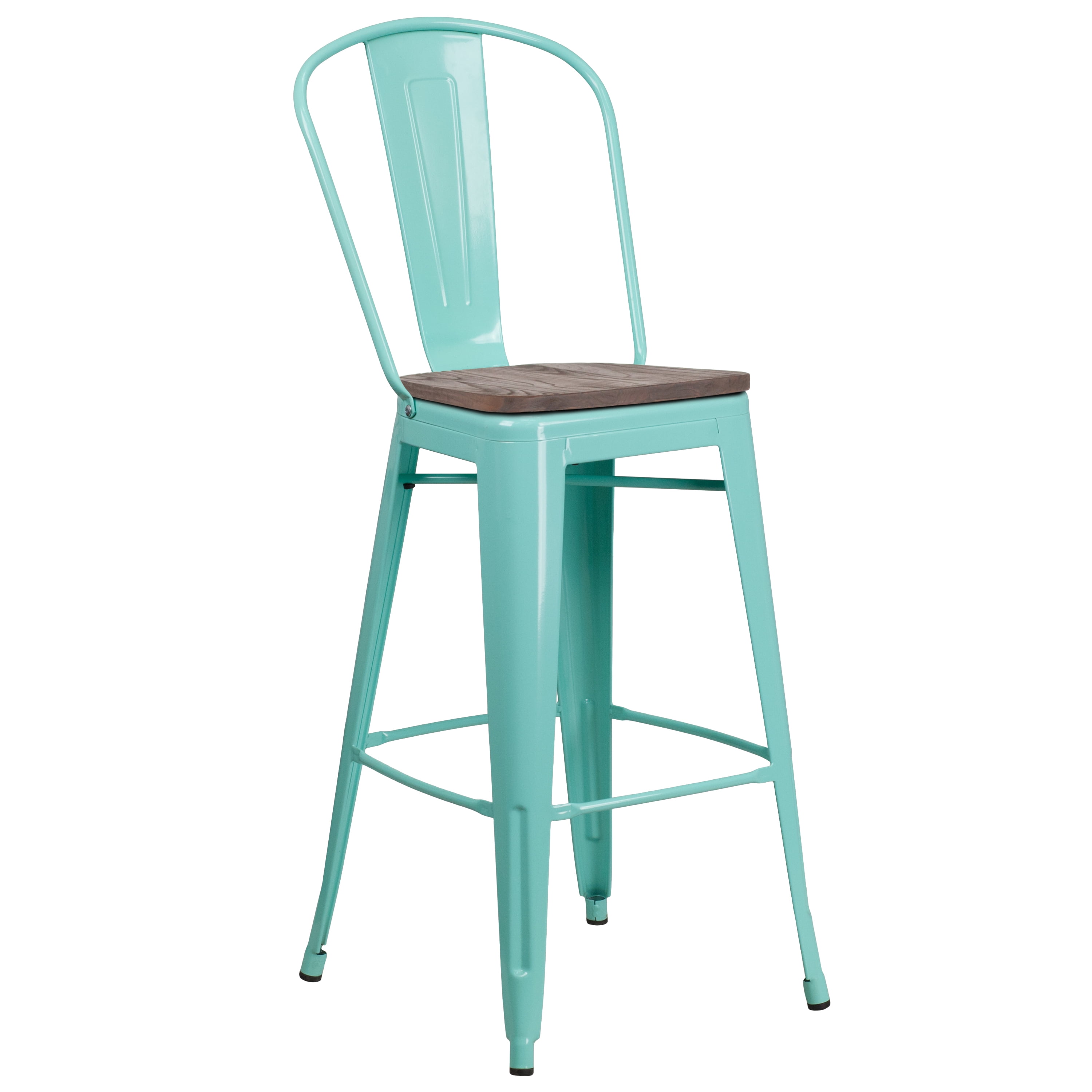 Mint Green Metal Barstool with Walnut Wood Seat